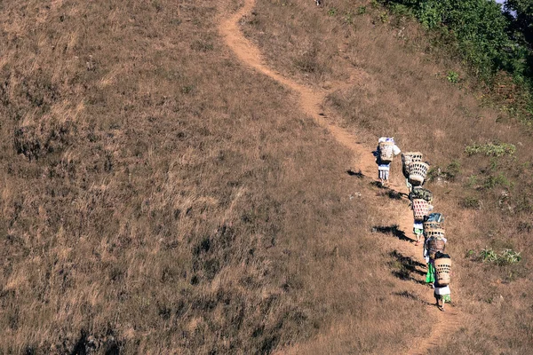 Gruppi astratti di Porter o Sherpa mentre trasportano il bagaglio del trekking fino alla cima del Doi Monjong la montagna di Chiangmai, Thailandia, tono vintage per il concetto paziente . — Foto Stock