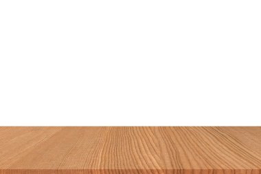 Boş hafif ahşap masa üstü izole beyaz arka plan üzerinde.
