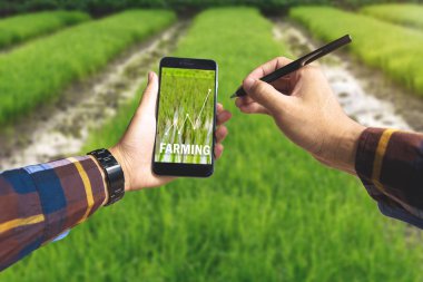 Akıllı telefon ve metin tarım ile elektronik kalem tutan el bir