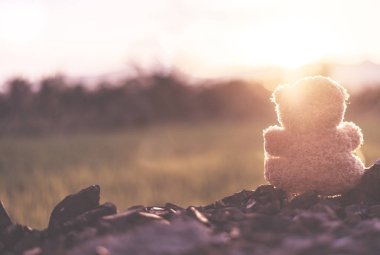 Oyuncak ayı oyuncak bebek oyuncak eski vintage sesi ile yalnız gün batımını izlemek 