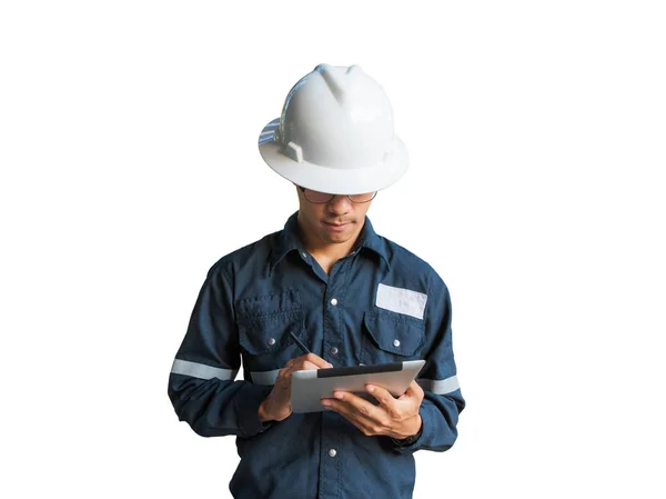 Engenheiro ou Técnico em capacete branco, óculos e azul trabalhando — Fotografia de Stock