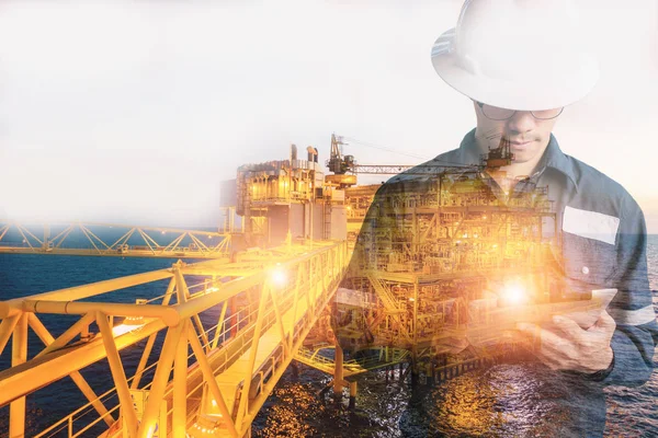 Double exposure of Engineer or Technician man with safety helmet — Stock Photo, Image