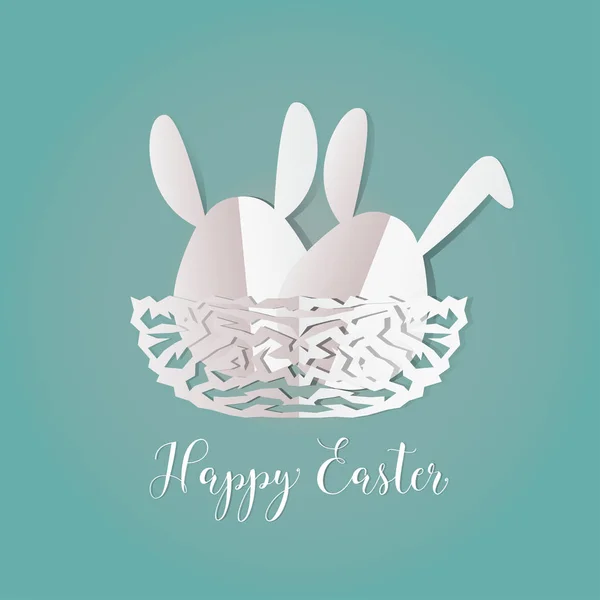 Kleurrijke Pasen konijnen in paaseieren op nest eieren op grijze achtergrond, papier knippen stijl ontwerp door vectorillustratie EPS-10. — Stockvector
