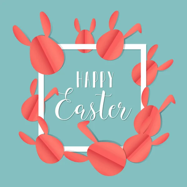 Grupa kolorowe wielkanocne króliczki szczęśliwy tekst Wielkanoc na białą ramkę, papieru wyciąć stylu przez ilustracja wektorowa Eps 10. — Wektor stockowy