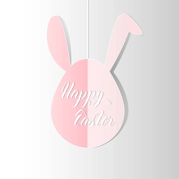 Kartkę z życzeniami z różowy króliczek królik Easter egg powieszenie i ręcznie — Wektor stockowy