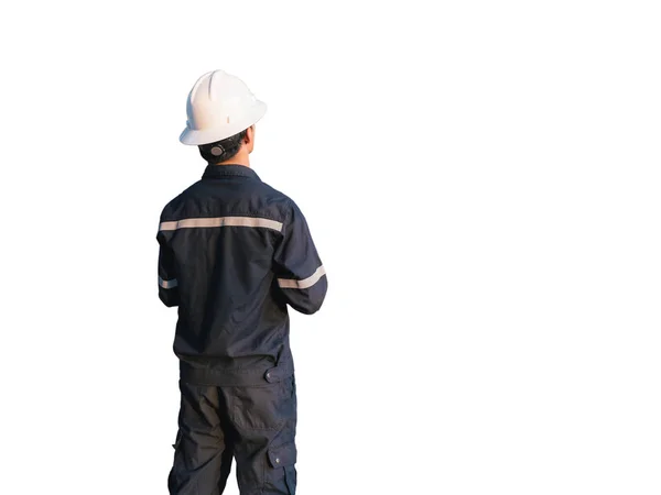 Engenheiro ou Técnico em capacete branco, óculos e azul trabalhando — Fotografia de Stock