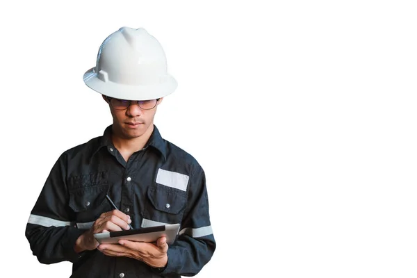 Engenheiro ou Técnico em capacete branco, óculos e azul trabalhando — Fotografia de Stock