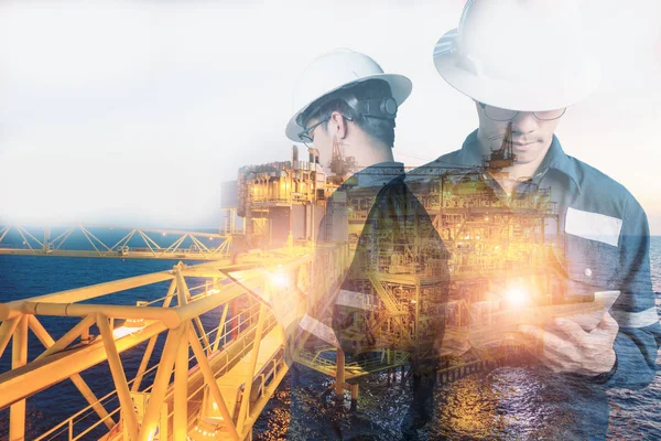 Double exposure of Engineer or Technician man with safety helmet — Stock Photo, Image