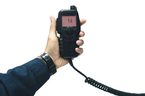 Mão de rádio amador segurando alto-falante e pressione para rádio commun — Fotografia de Stock