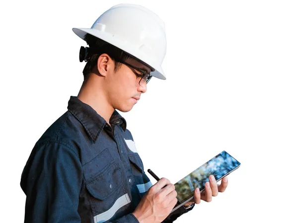 Engenheiro ou Técnico em capacete branco, óculos e azul trabalhando — Fotografia de Stock