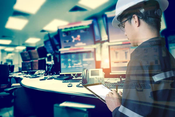 Double exposure of  Engineer or Technician man in working shirt — Stock Photo, Image