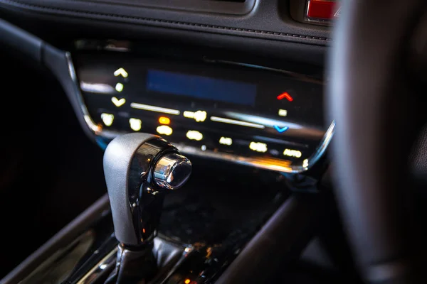 Closeup interior modern car console with full windscreen show sp — Stock Photo, Image