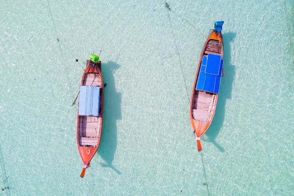 Aerial view over group of long tail boats,Top view from drone, K — Stock Photo, Image