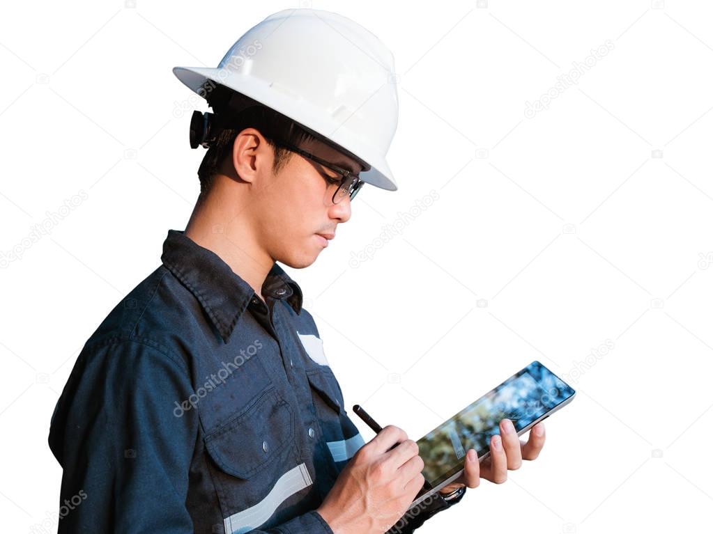 Engineer or Technician in white helmet, glasses and blue working