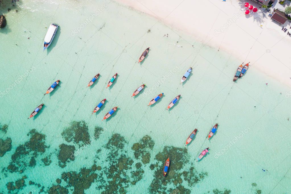 Aerial view over group of long tail boats,Top view from drone, K