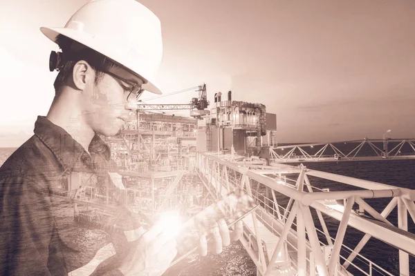 Double exposure of Engineer or Technician man with safety helmet — Stock Photo, Image