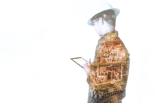 Double exposure of Engineer or Technician man with safety helmet — Stock Photo, Image