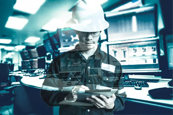 Double exposure of  Engineer or Technician man in working shirt