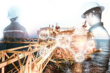 Mühendis veya teknisyen adamın sanayi aracıyla çift pozlama