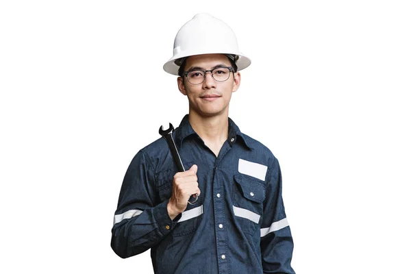 Asian man,Engineer or Technician in white helmet, glasses and bl — Stock Photo, Image