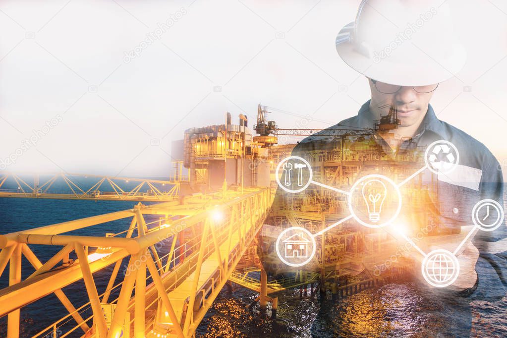 Double exposure of Engineer or Technician man with industry tool
