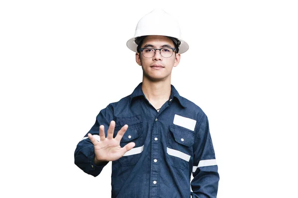 Engenheiro ou Técnico em capacete branco, óculos e azul trabalhando — Fotografia de Stock