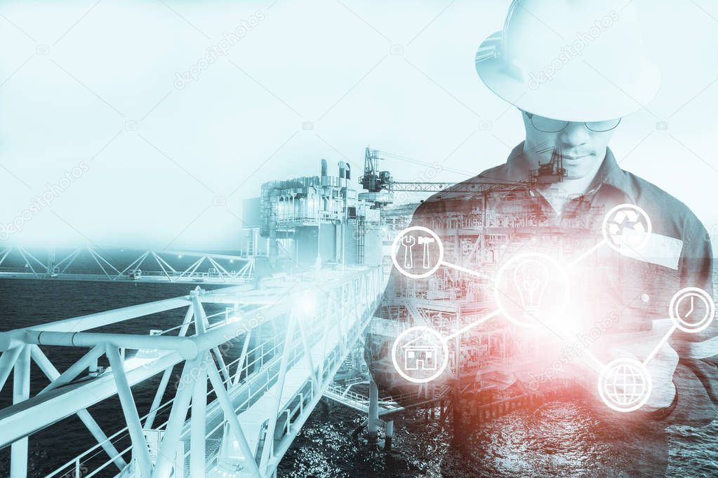 Double exposure of Engineer or Technician man with industry tool