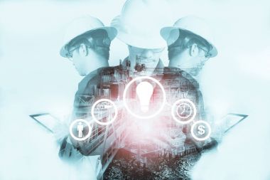 Mühendis veya teknisyen adamın sanayi aracıyla çift pozlama