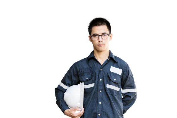 Asiático homem, Engenheiro ou Técnico em capacete branco, óculos e bl — Fotografia de Stock