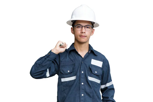 Ázsiai ember, mérnök vagy technikus fehér sisak, szemüveg és bl — Stock Fotó