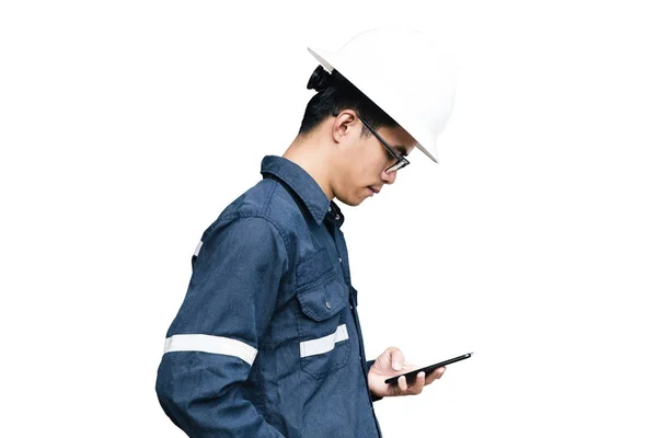 아시아 남자, 엔지니어 또는 기술공 흰색 헬멧, 안경 및 bl — 스톡 사진