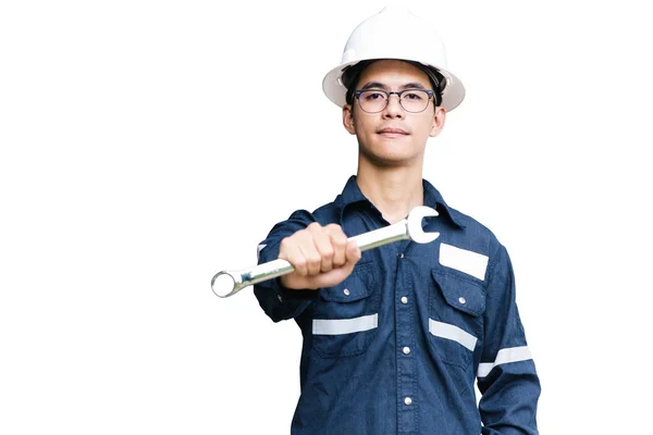 Asiático homem, Engenheiro ou Técnico em capacete branco, óculos e bl — Fotografia de Stock