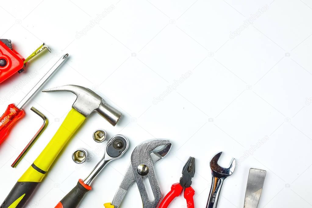Top view of Working tools,wrench,socket wrench,hammer,screwdrive