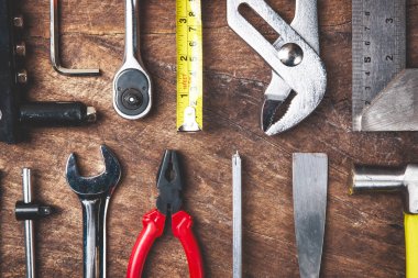Çalışma araçları, İngiliz anahtarı, lokma anahtar, çekiç, screwdrive Üstten Görünüm