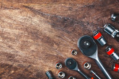 Çalışma araçları, İngiliz anahtarı, lokma anahtar, çekiç, screwdrive Üstten Görünüm