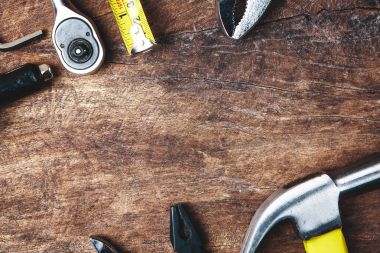 Çalışma araçları, İngiliz anahtarı, lokma anahtar, çekiç, screwdrive Üstten Görünüm