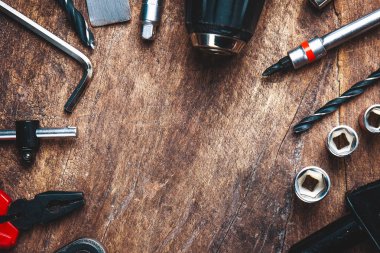 Çalışma araçları, İngiliz anahtarı, lokma anahtar, çekiç, screwdrive Üstten Görünüm