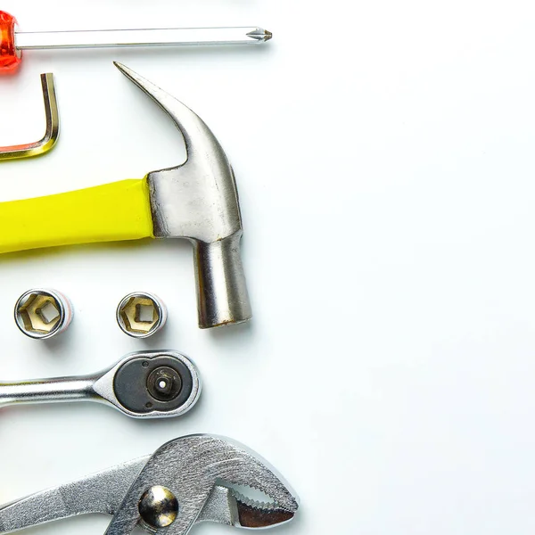 Το Top view εργασίας εργαλεία, καρυδάκι, σφυρί, γαλλικό κλειδί, screwdrive — Φωτογραφία Αρχείου