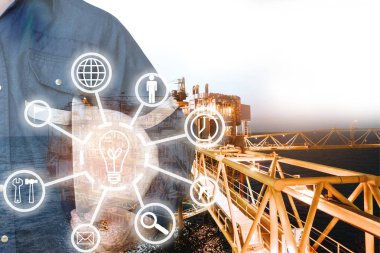 Mühendis veya teknisyen adamın sanayi aracıyla çift pozlama