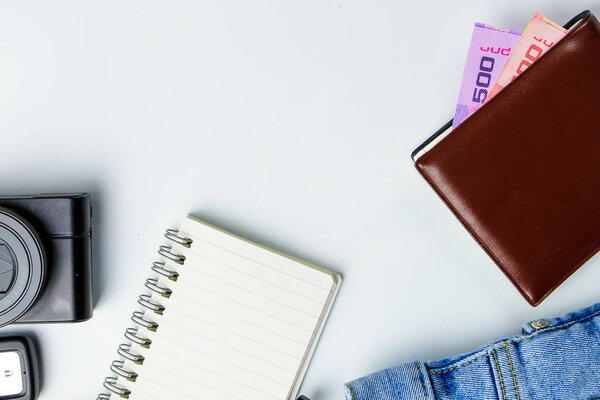 Travel accessories costumes concept for summer vacation trip. Pa