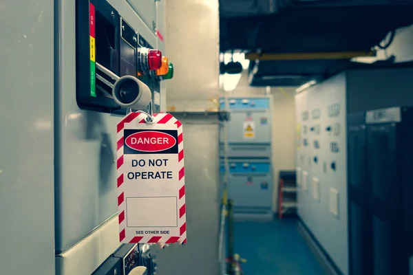 Red, white Lock out & Tag out for Lock station,machine - specific or switch gear roomd evices and safety first point, Cyber security or safety industrial concept.                      