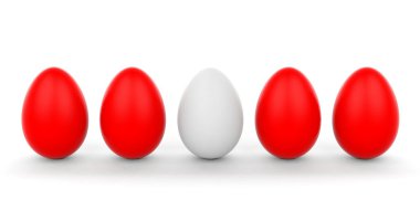 3D render beyaz yumurta ve beyaz zemin üzerine kırmızı yumurta