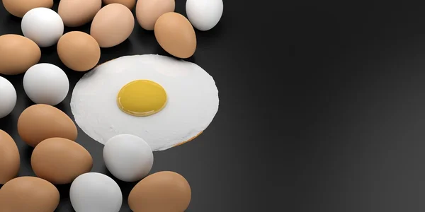 3d ovo frito renderização entre os ovos no fundo preto — Fotografia de Stock