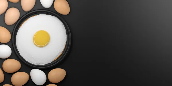 3D vykreslování smažené vejce mezi vejce na černém pozadí — Stock fotografie