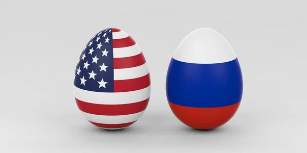 3d renderização EUA e Rússia bandeiras em ovos — Fotografia de Stock