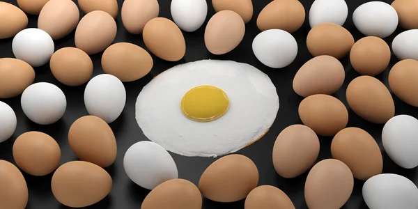 3d візуалізація смаженого яйця серед яєць на чорному фоні — стокове фото