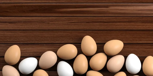 3d rendering uova su uno sfondo di legno — Foto Stock