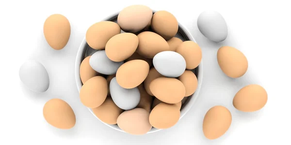 3d representación de huevos en un tazón sobre fondo blanco — Foto de Stock