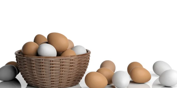 3d che rende le uova bianche e marroni in un cesto su backgroun bianco — Foto Stock