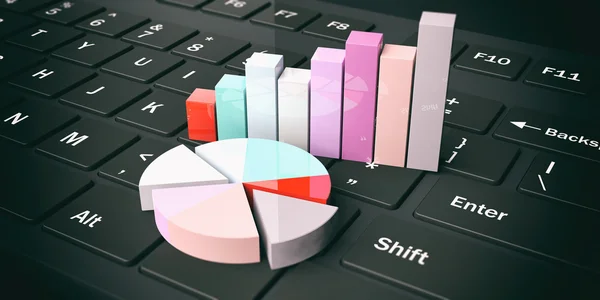 3d rendering bar and pie charts on a keyboard — Stock Photo, Image